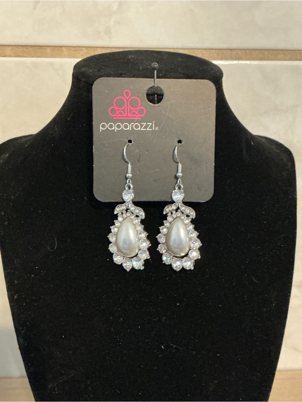 Paparazzi Silver Teardrop Pearl & Rhinestone Dangle Earrings - White